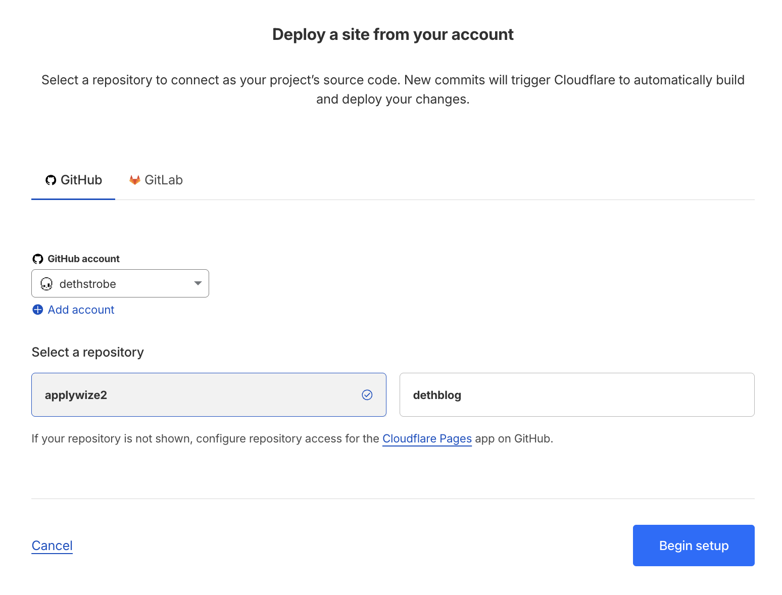 A screenshot of selecting a GitHub repo in Cloudflare.