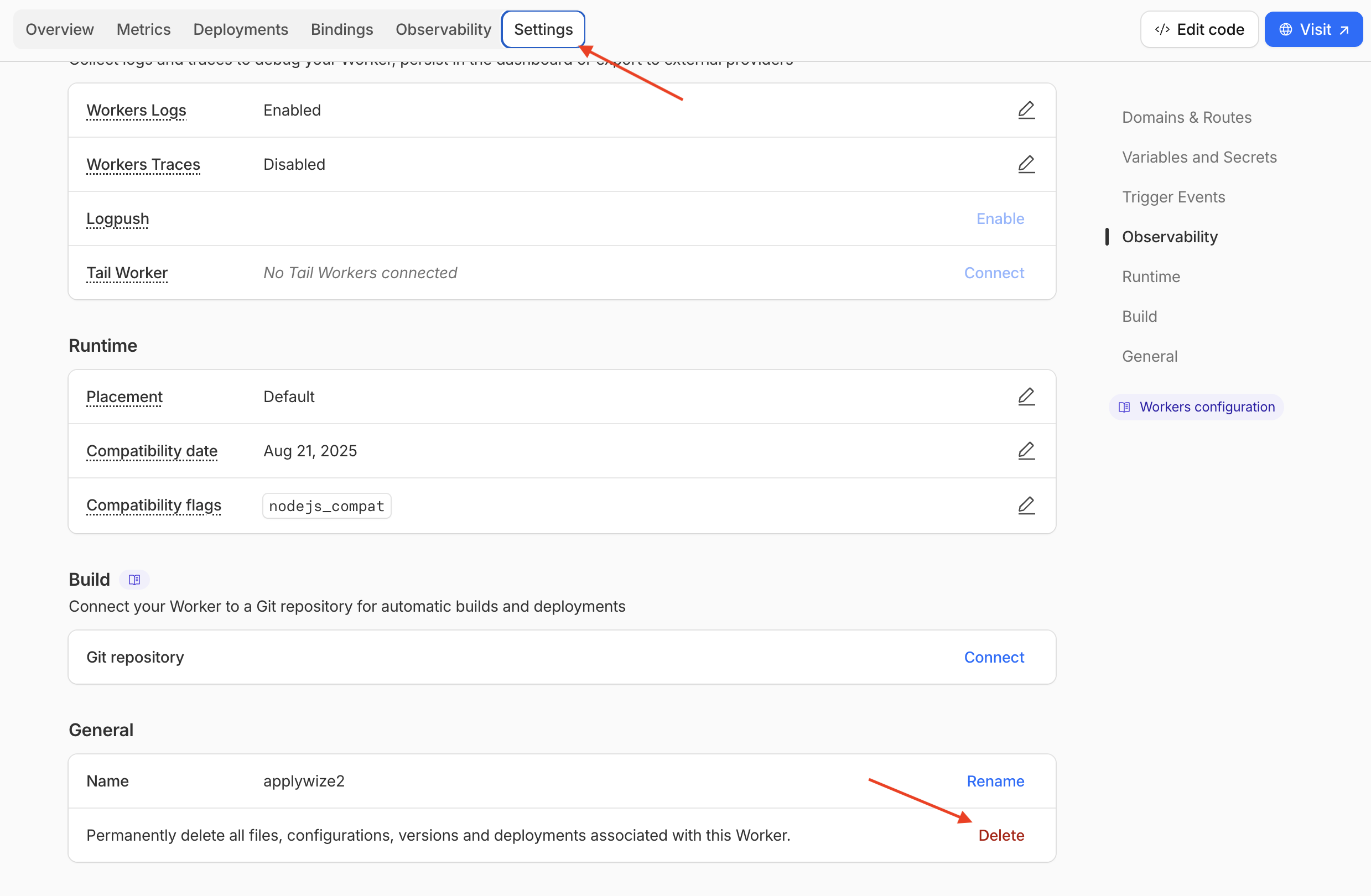 A screenshot of Cloudflare's project setting page.