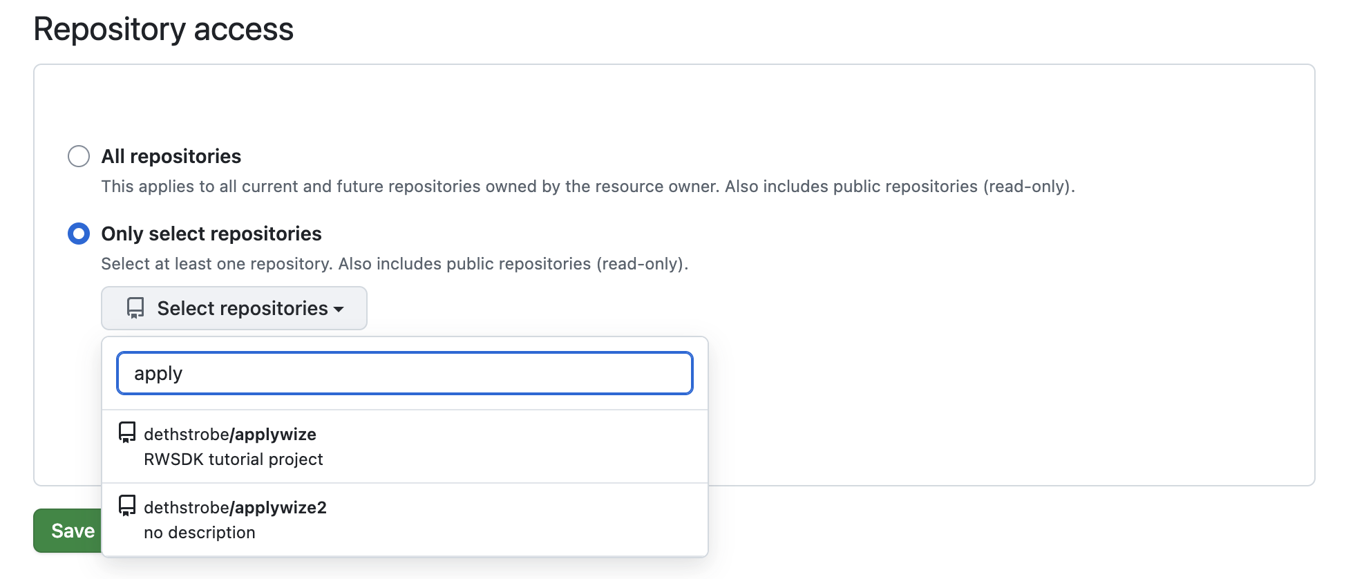 A screenshot of the setting page in github.com to give Cloudflare access to the repo.