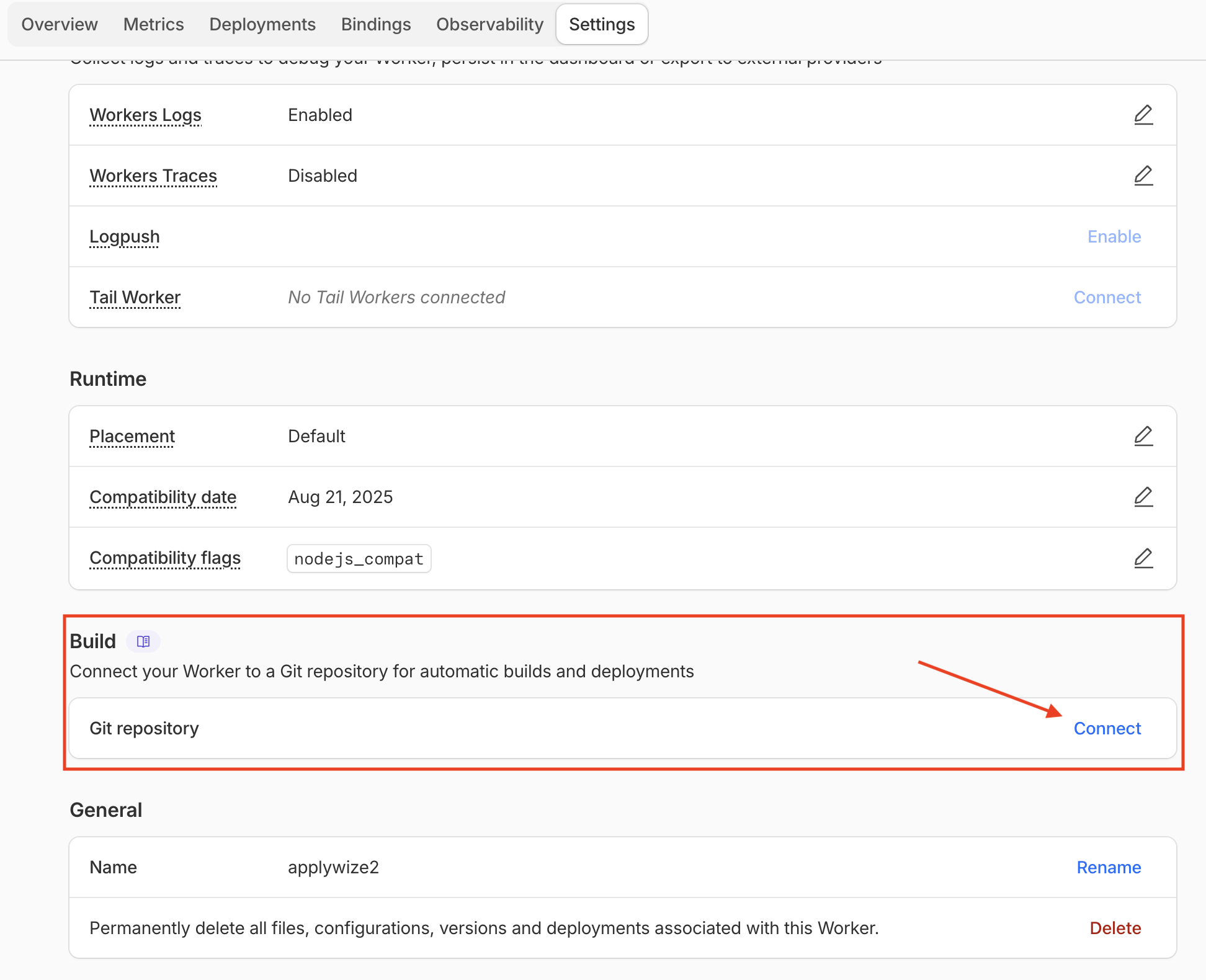 A screenshot of the Settings tab with the Build section highlighted.