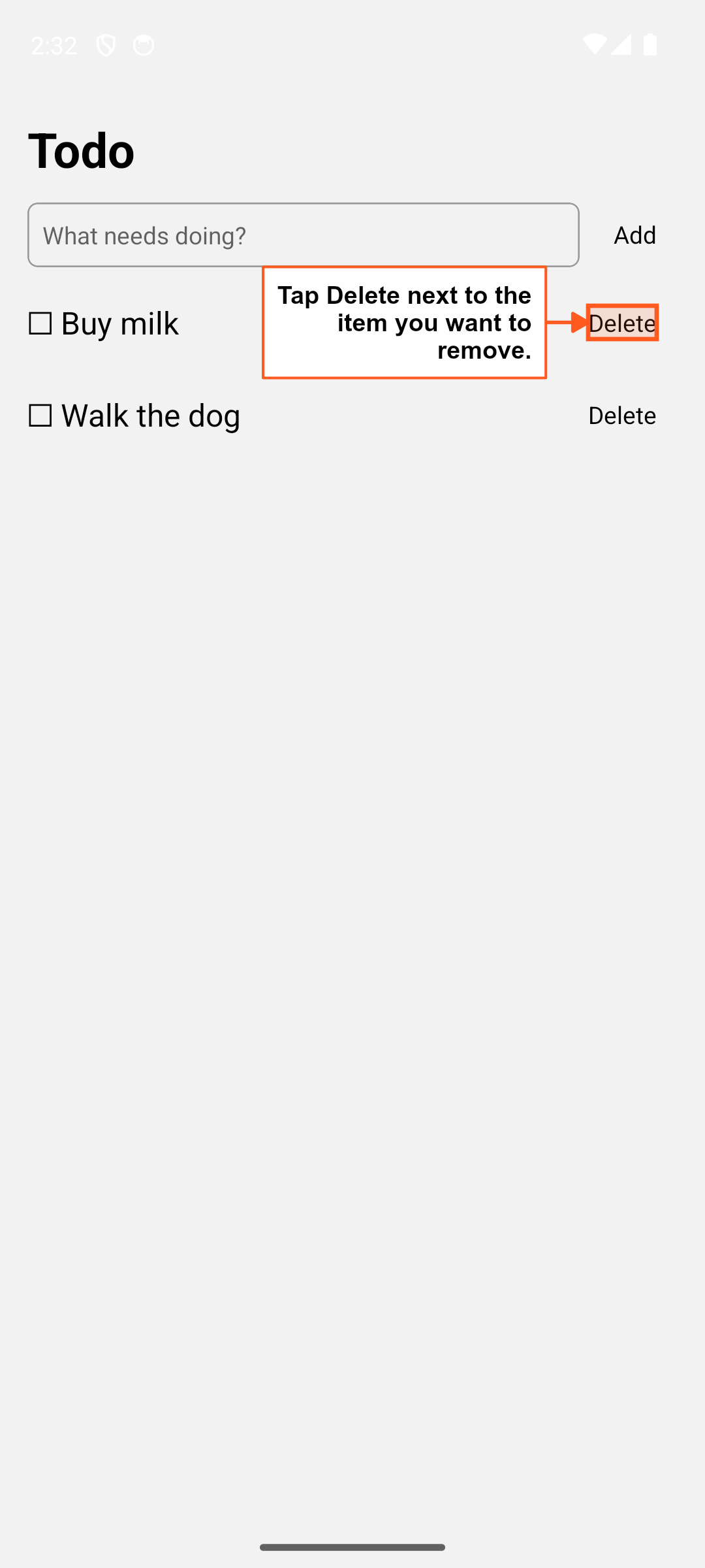 an Android screenshot of the todo app with the Delete button highlighted and an arrow from a label on its left