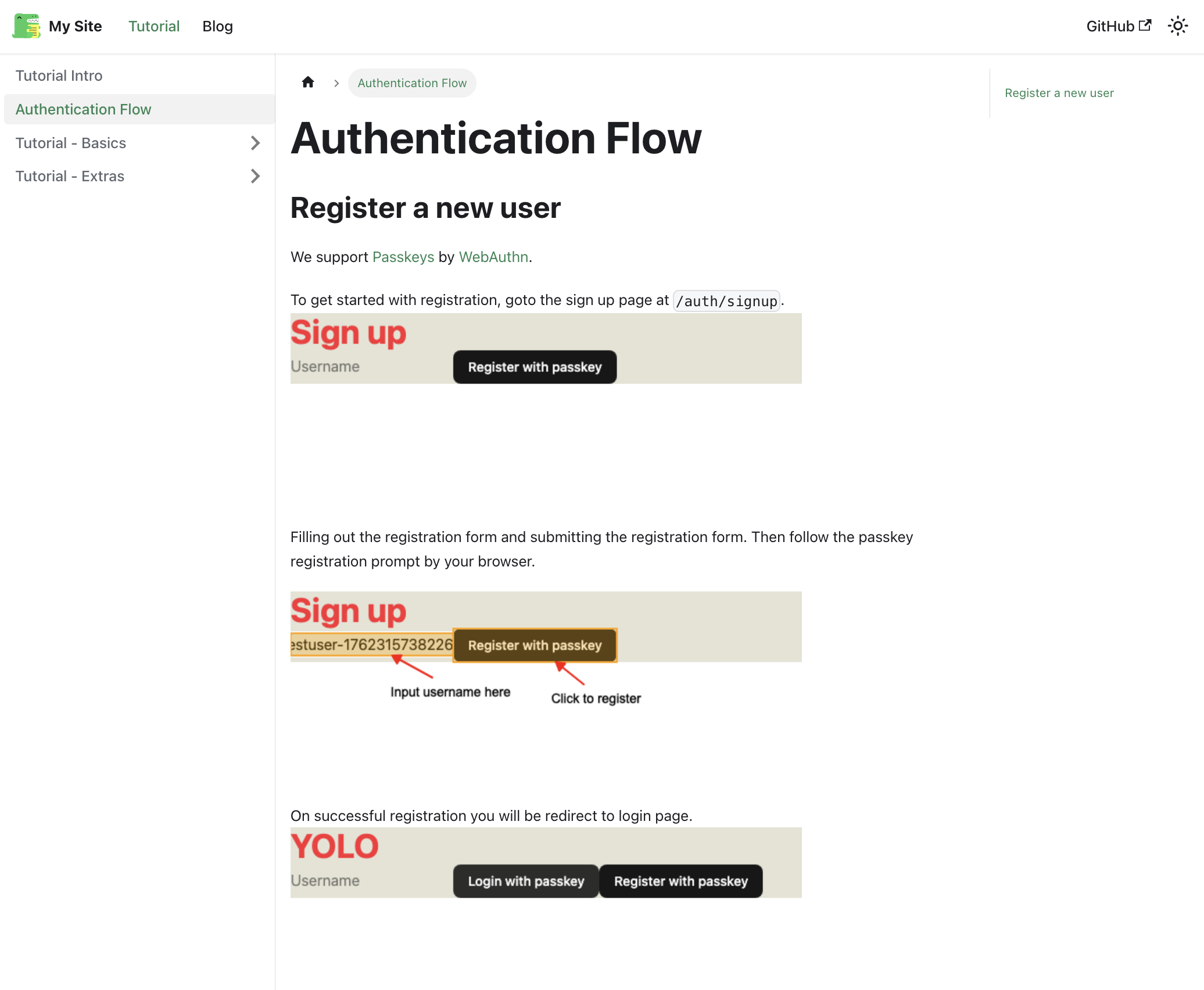 A screenshot of the Docusaurus page rendering the tests and screenshots of the tested page.