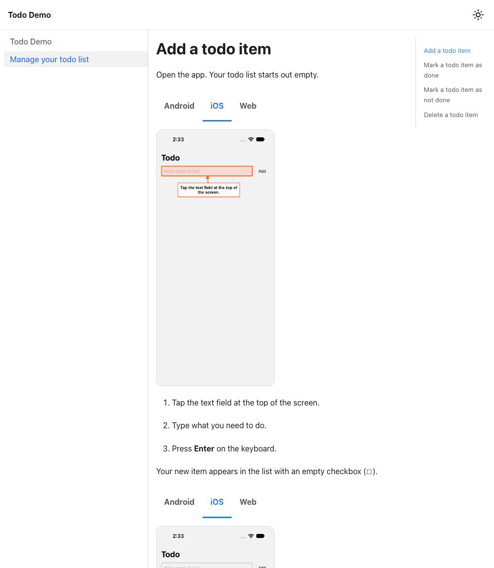 a generated docs page titled Add a todo item, with Android, iOS, and Web tabs above an annotated screenshot and a numbered list of steps