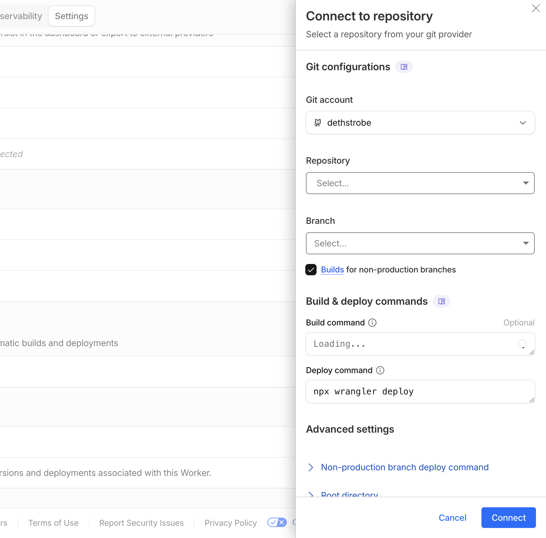 A screenshot with the side panel open showing options to connect to your GitHub repo.