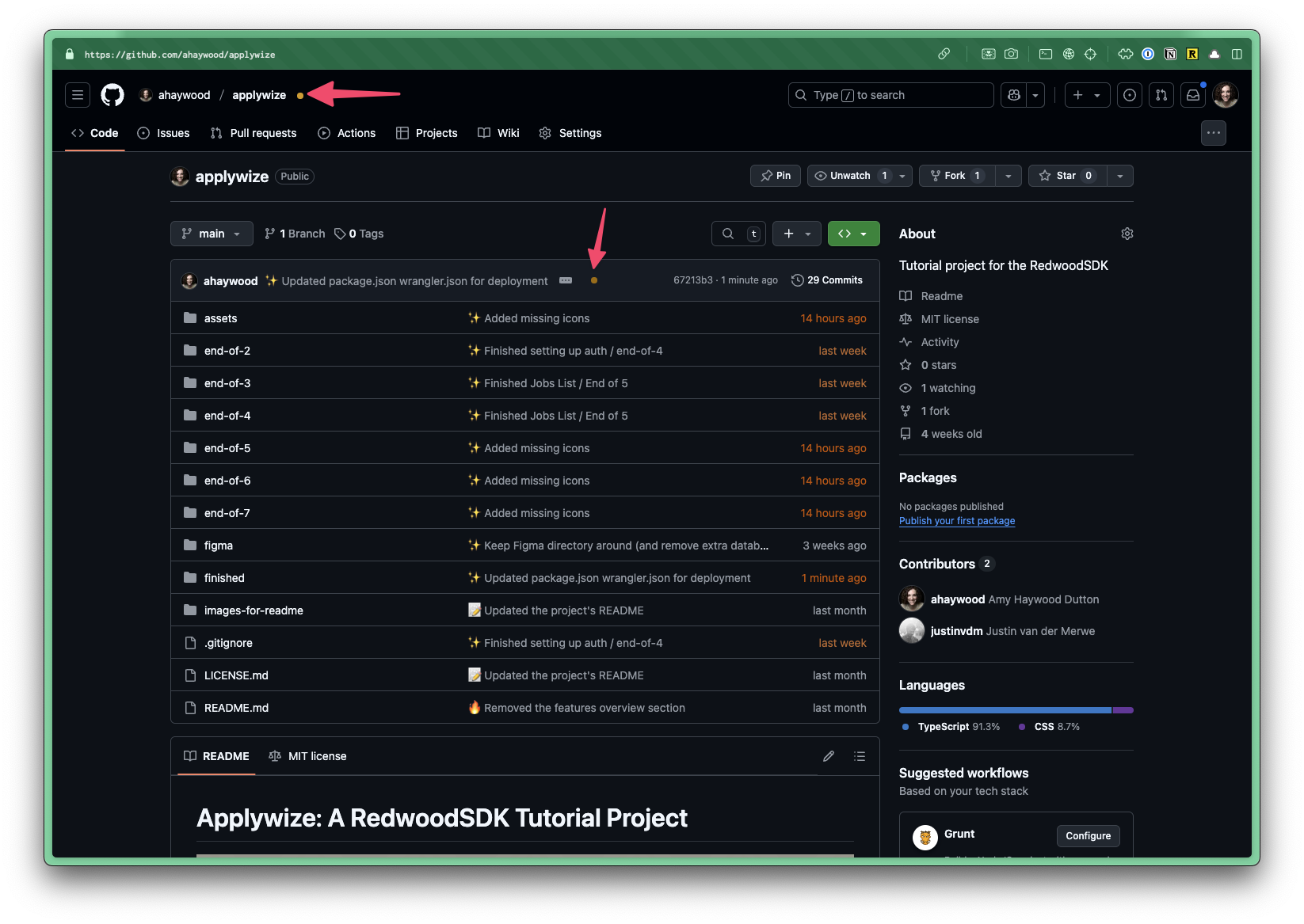 A screenshot in GitHub showing a yellow dot next to the repo's name and last commit.