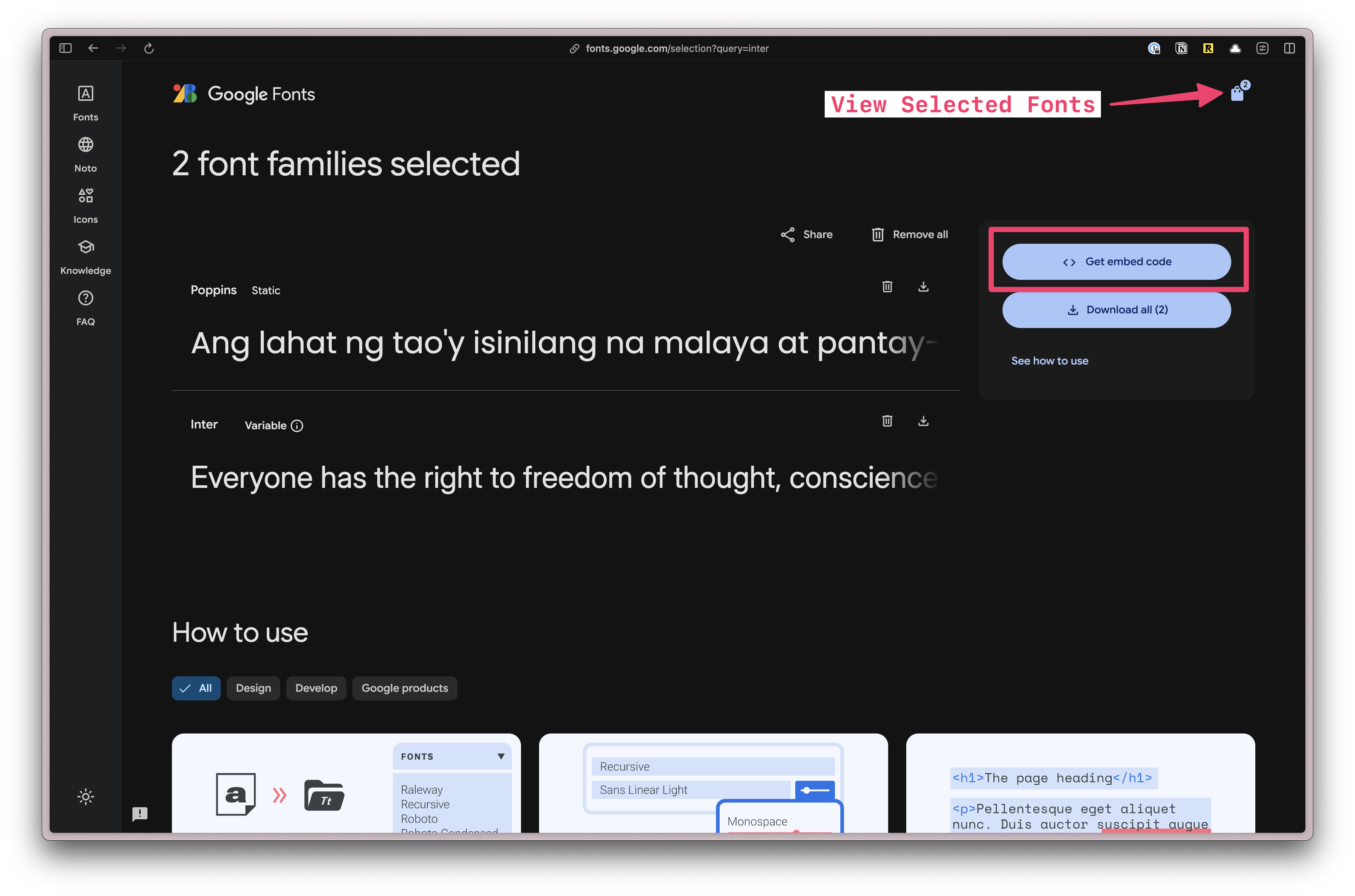 Screenshot of the Google Font site with a box highlighting the "Get embed code" button