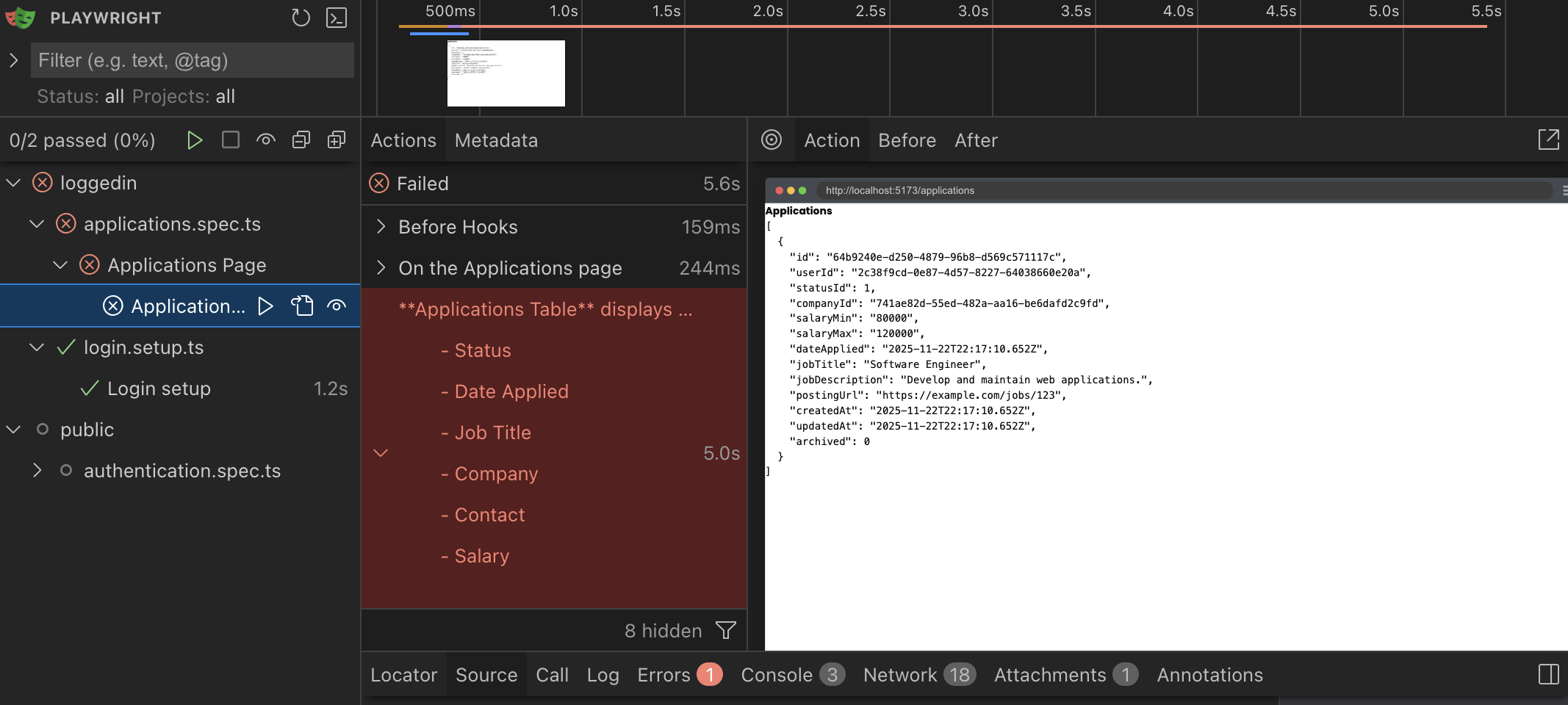 A screenshot of the playwright ui loading the application page but failing to find the table.