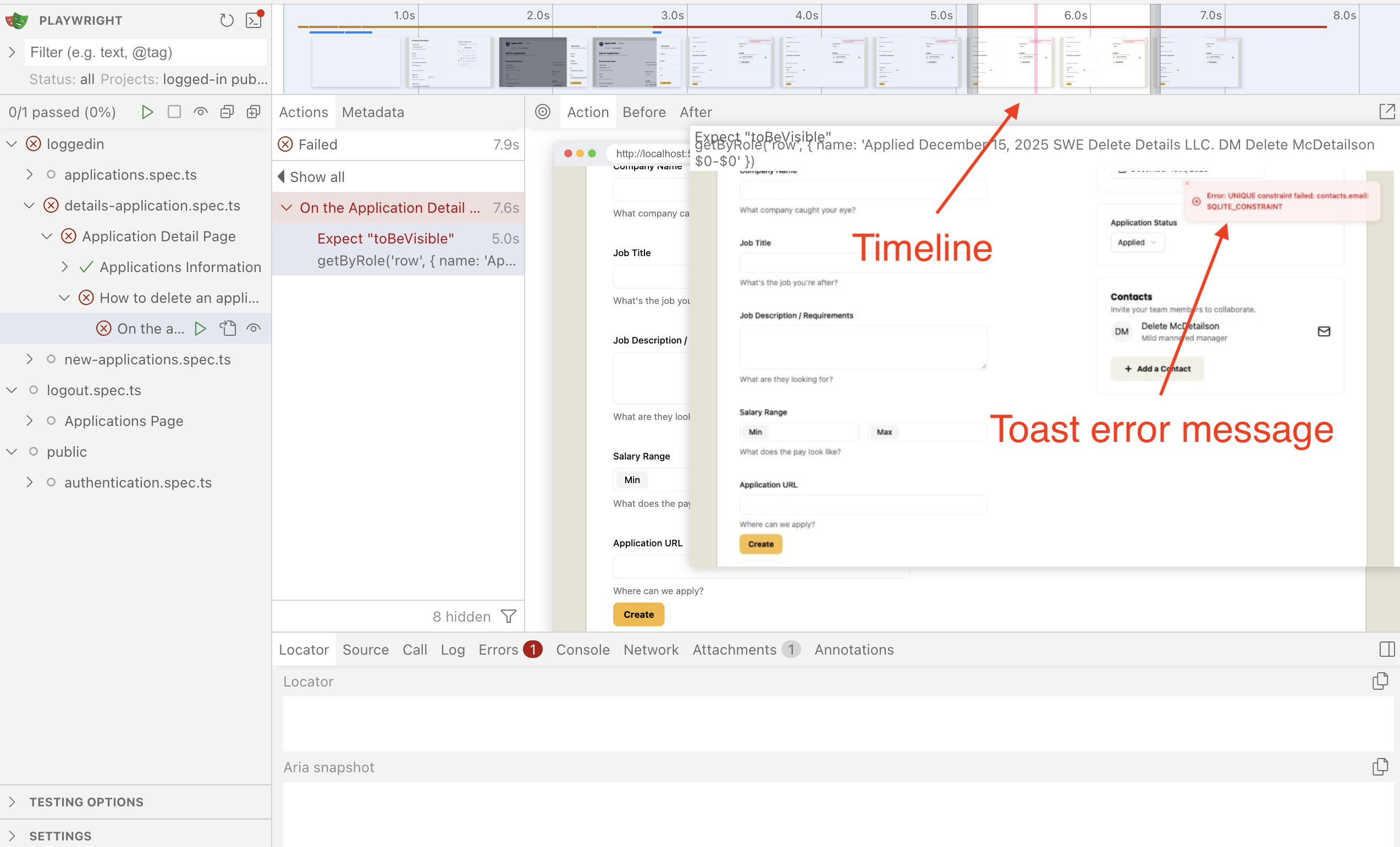 A screenshot of the Playwright UI, with an error pointing to the timeline, and another error pointing to the toaster notification.