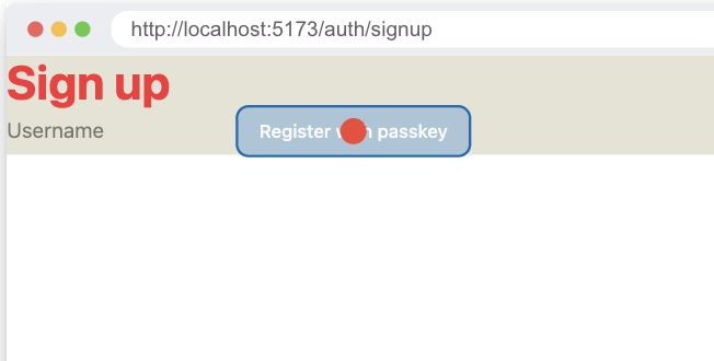 A screenshot of the sign up page with a red dot on the submit button and the username input still only having the placeholder
