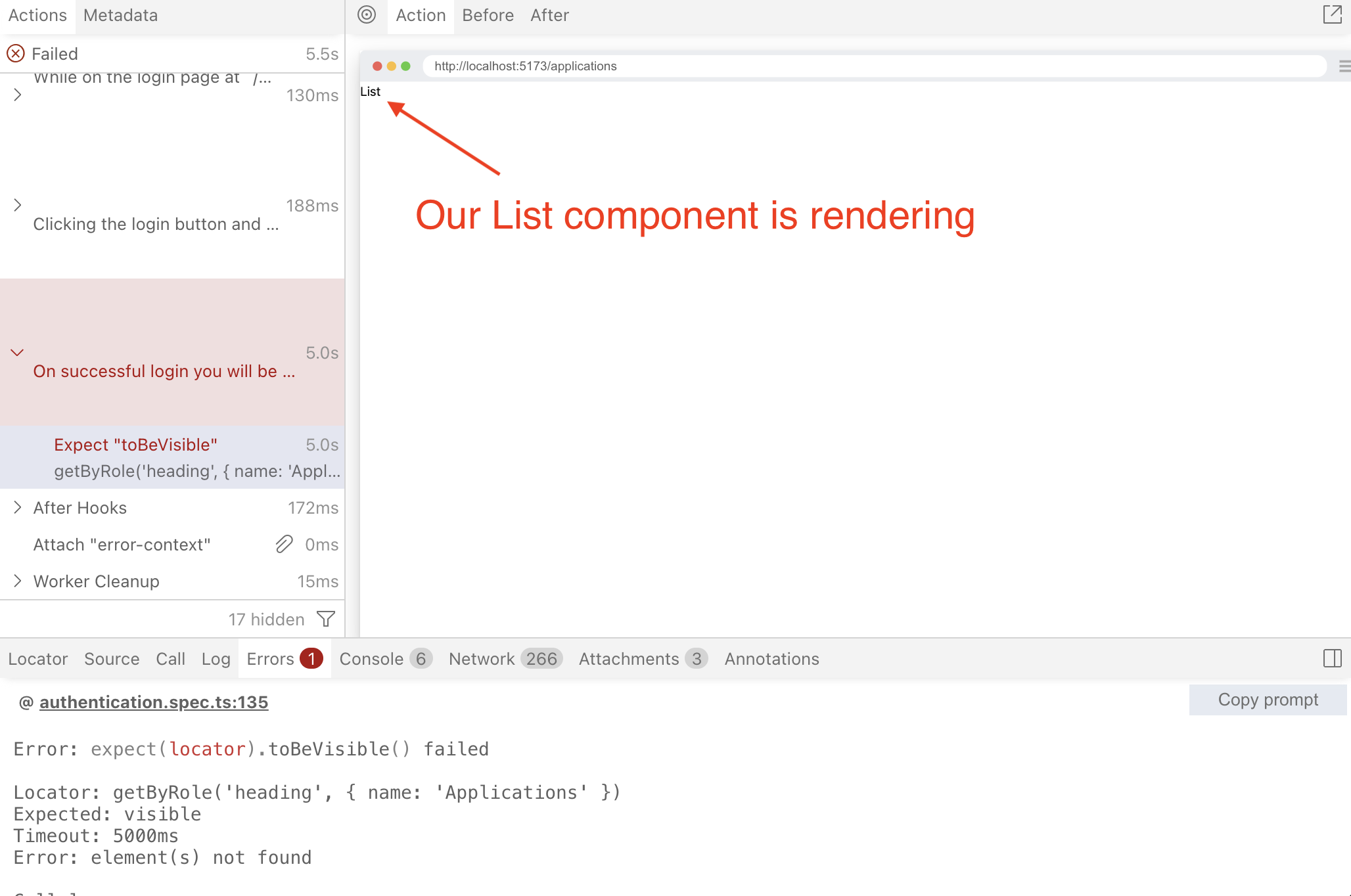 A screenshot of playwright test failing while rendering the text list.