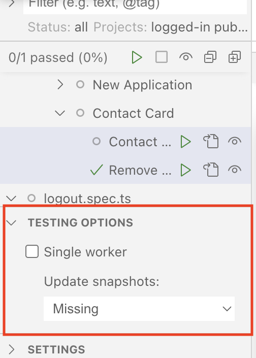 A screenshot of the playwright ui sidebar with the Testing Options panel highlighted