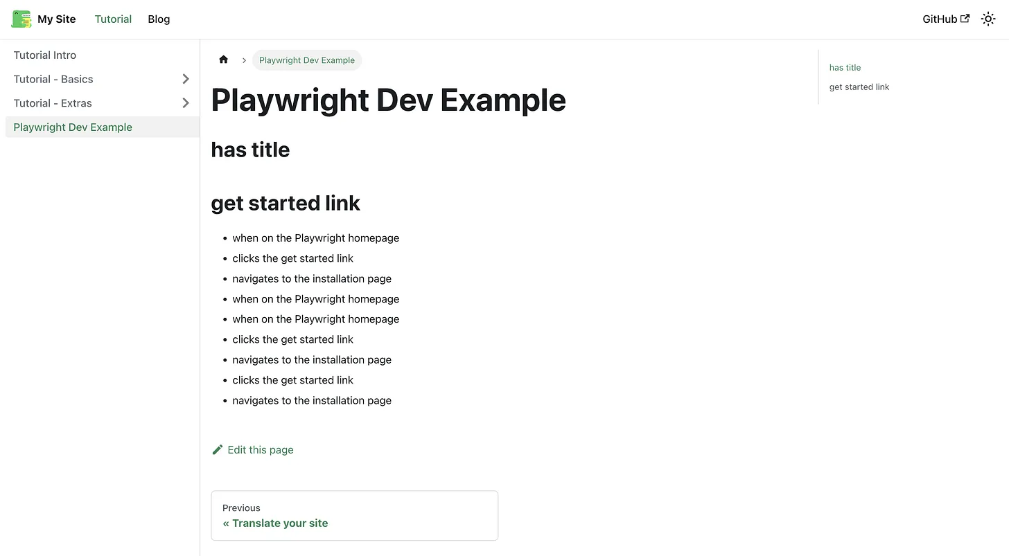 screenshot of docusaurus website