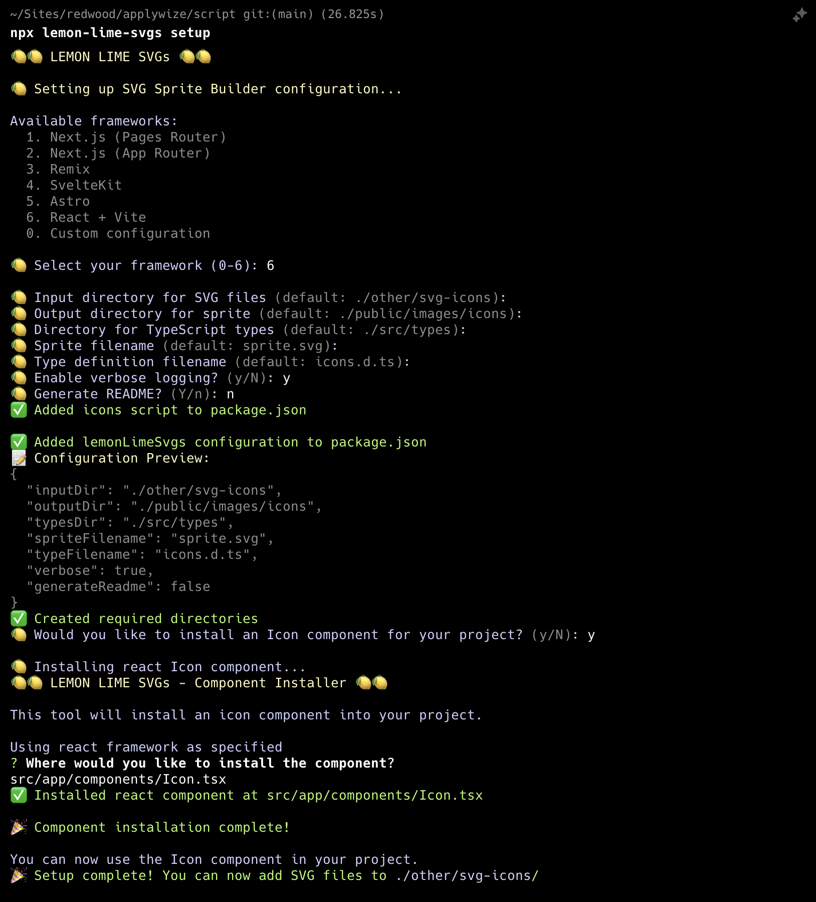 A screenshot of the cli command of the lemon-lime-svgs