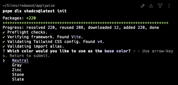 screenshot of terminal while installing shadcn/ui