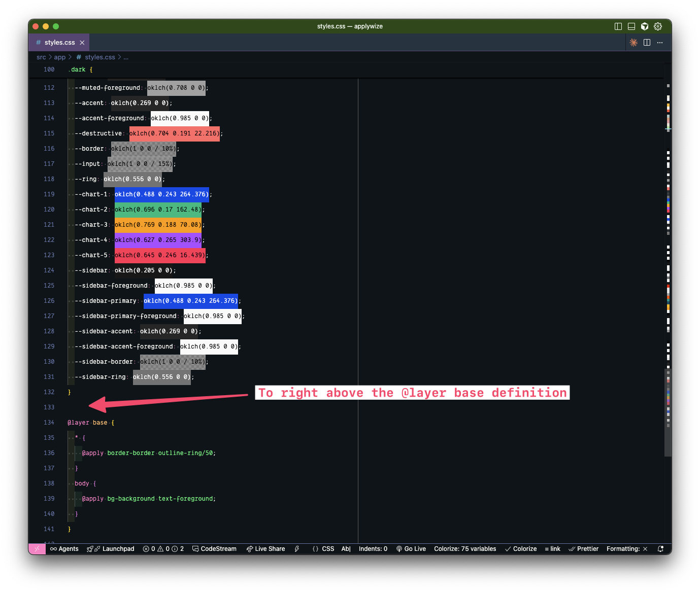 screenshot showing the start of the @layer base in styles.css
