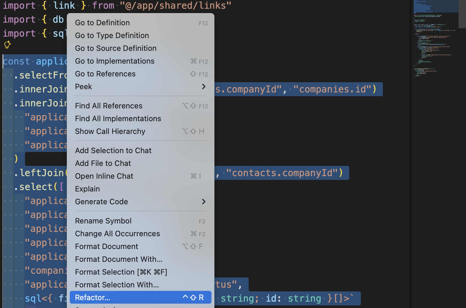 A screenshot of VSCode showing the Refactor option selected in a context menu.