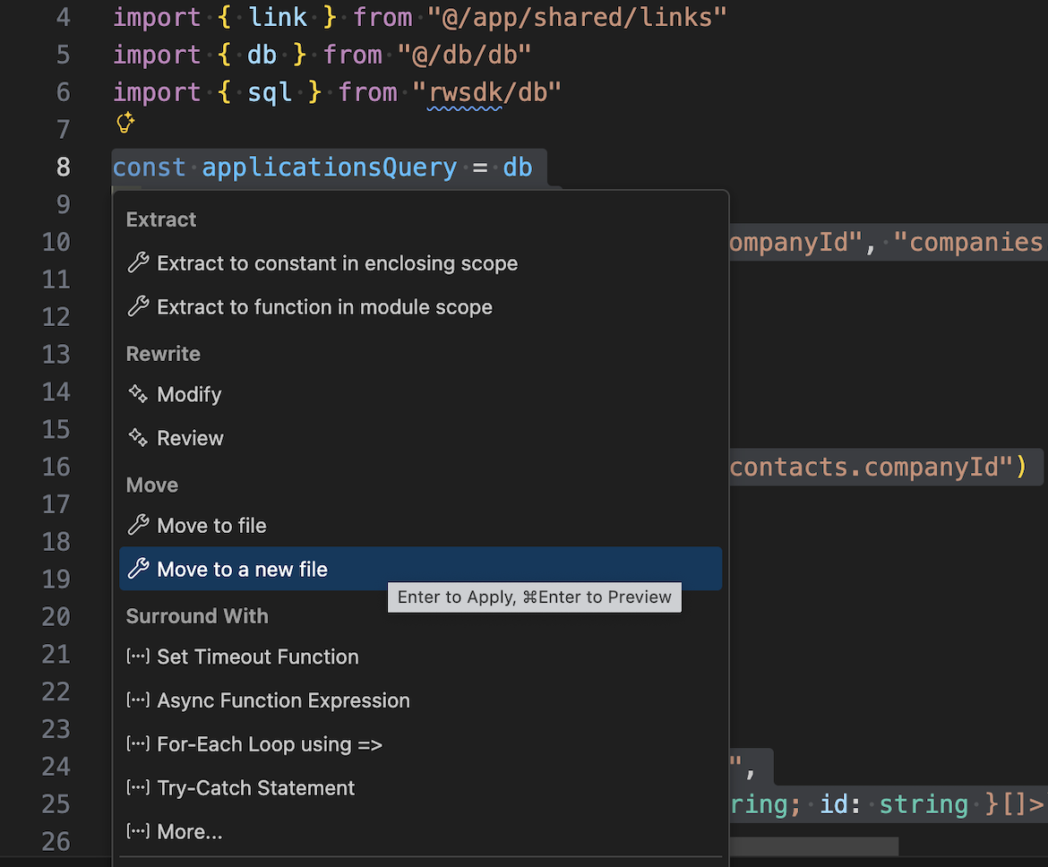 A screenshot of VSCode showing the Refactor menu and the "Move to a new file" option selected.